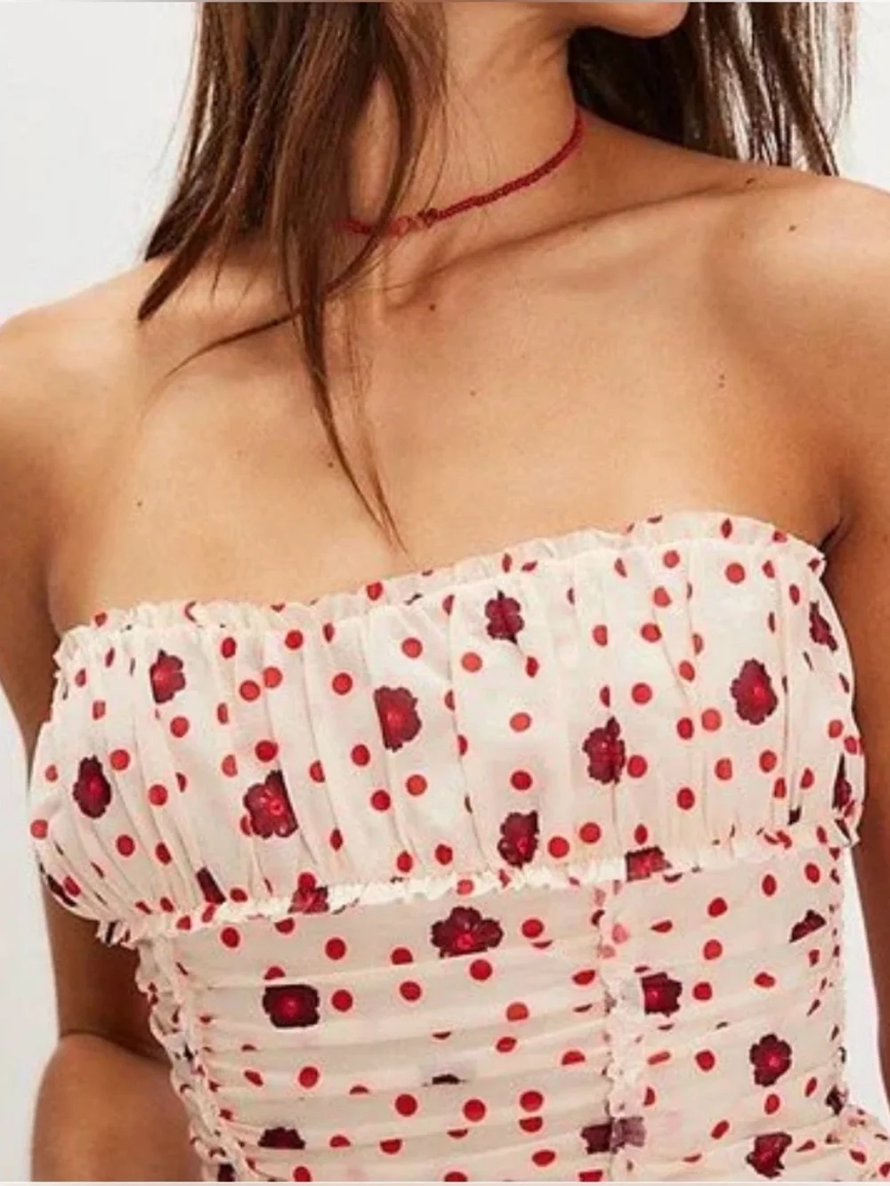 Free People Strapless White Dress with Red Floral & Polka Dot Print